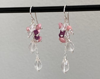 Shimmering Cluster - Silver earrings with rose quartz, rhodochrosite, rock crystal and ruby