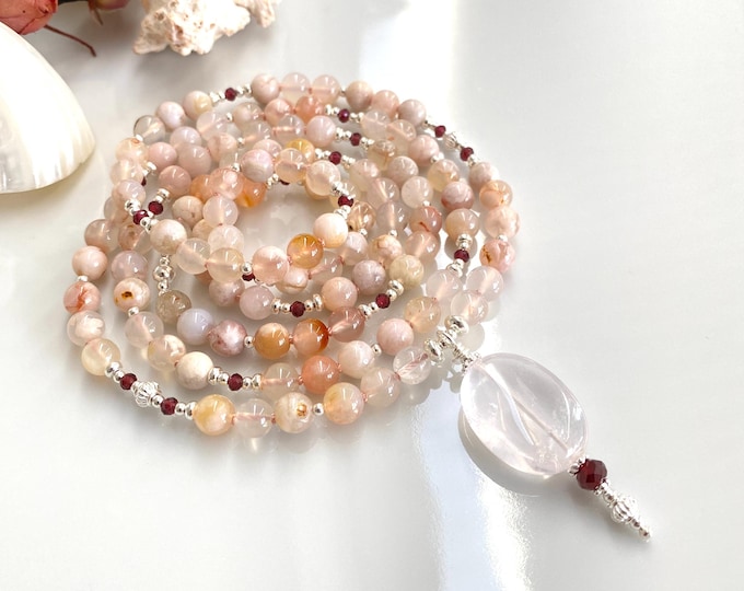 Mala made of cherry blossom agate, decorated with garnet and silver, final bead rose quartz with garnet, prayer beads with 108 beads, yoga jewelry