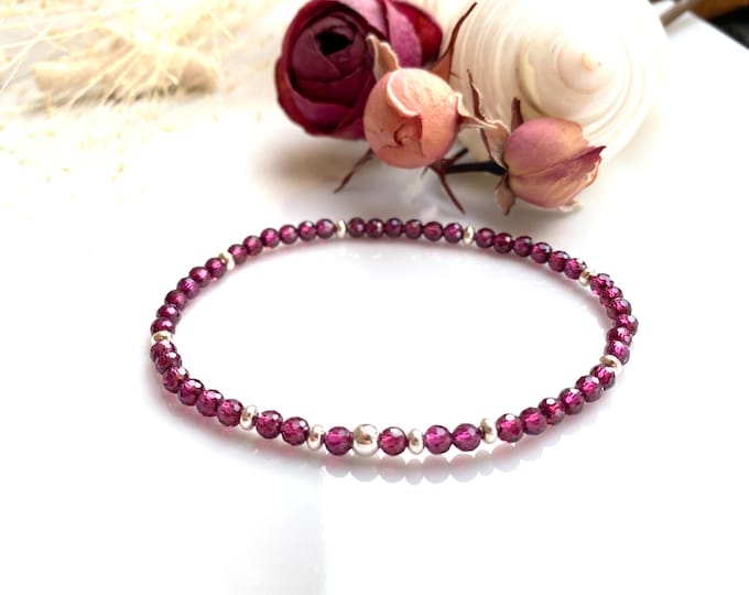 Garnet purple and sterling silver bracelet, gift for women, gift for jewelry lovers, yoga jewelry with chakra crystals