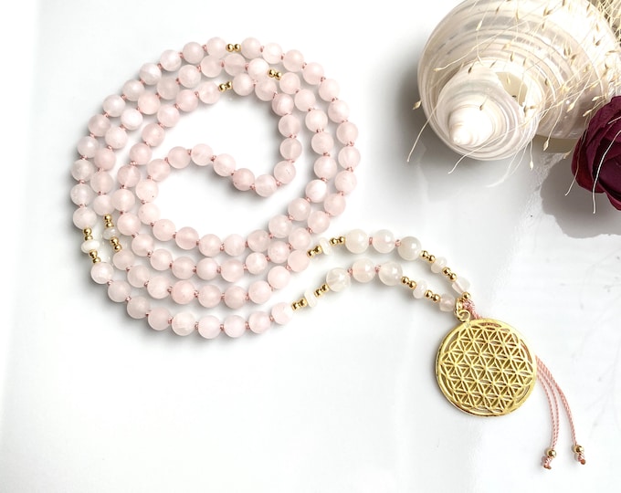 Mala made of matte rose quartz and light moonstone, decorated with gold-plated silver (925) and flower of life pendant, noble prayer chain