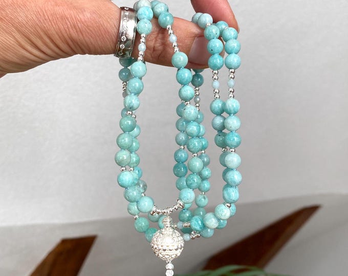 Mala necklace made of Amazonite AA, 108 beads, decorated with sterling silver, final bead sterling silver, valuable prayer beads, yoga jewelry