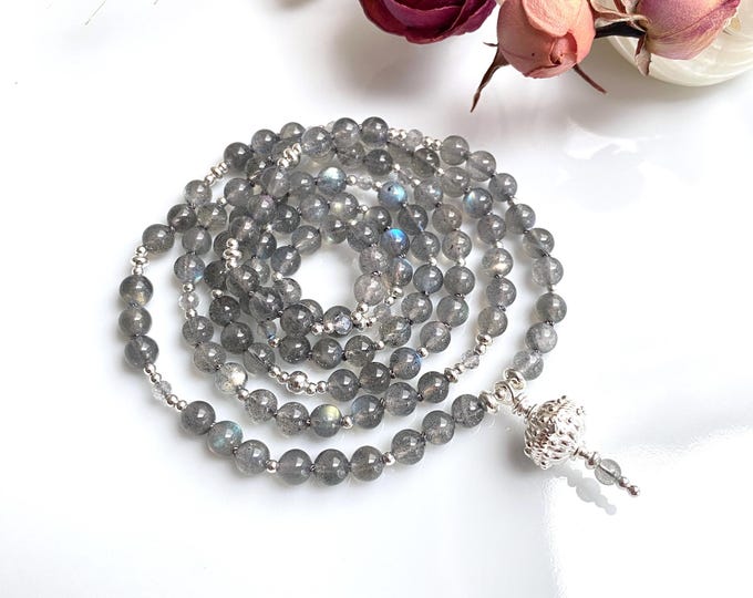 Labradorite Mala Necklace with Silver (925), Silver Bead, 108 Beads with 5.5-6 mm, Yoga Jewelry, Gift for Zen Seekers