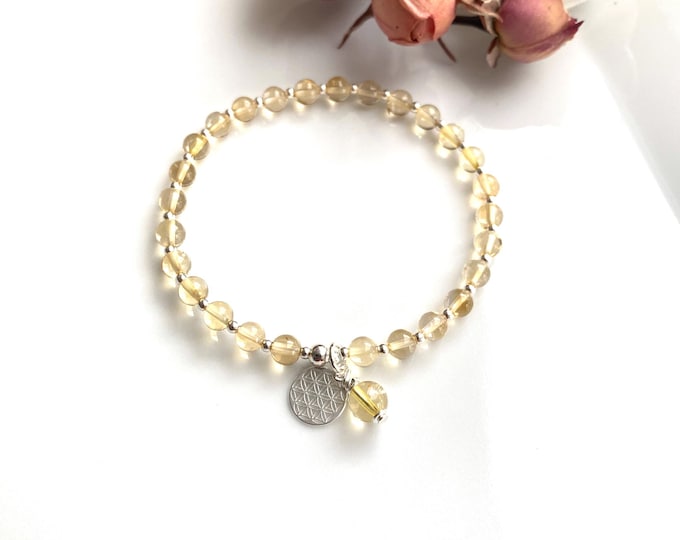 Für D.: Mini Mala aus Citrin (gebr.; AA) verziert mit Silber, Schlussperle Citrin und Anhänger Blume des Lebens