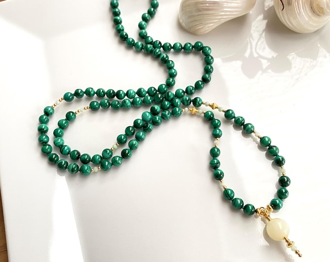 Malachite mala, decorated with green Andean opal and silver-plated, serpentine bead, 108-bead prayer chain, yoga jewelry
