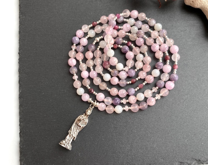 Long mala necklace made of kunzite, pink tourmaline, rose quartz, decorated with silver and morganite, noble prayer beads with Kwan Yin, yoga jewelry