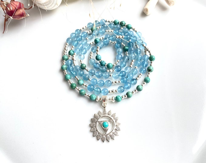 Mala made of aquamarine and turquoise (stab.) with a silver pendant with the neck - chakra - symbol - Vishuddha - chakra, prayer beads