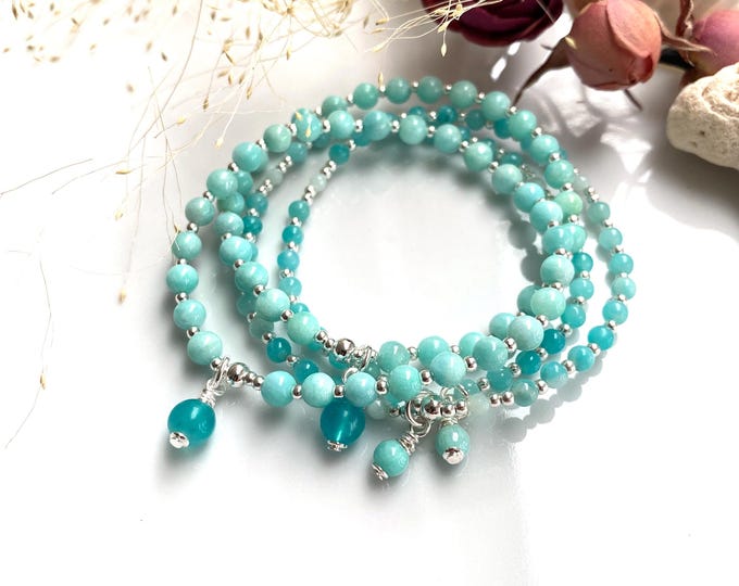 Mini Amazonite Mala decorated with silver, Amazonite end bead, bracelet with 27 beads of 3.5 mm or 5 mm, yoga jewelry, prayer beads