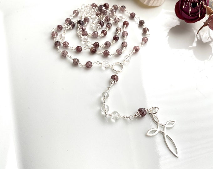Rosary made of hematite quartz, rock crystal and silver with infinity cross, handcrafted, long necklace made of healing stones with cross