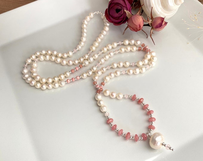 Precious mala made of freshwater pearls and rhodochrosite, decorated with morganite and silver