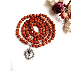 Rudraksha Mala with Shiva Nataraj Pendant in Sterling Silver, Prayer Beads, Long Necklace for Men and Women, Yoga Jewelry