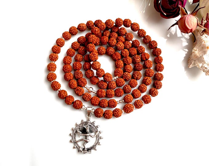 Rudraksha Mala with Shiva Nataraj Pendant in Sterling Silver, Prayer Beads, Long Necklace for Men and Women, Yoga Jewelry