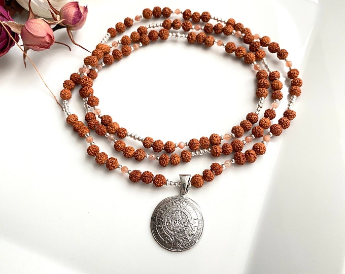 Rudraksha mala, 108 beads decorated with sunstone and silver with Mayan sun wheel pendant (925, sterling)