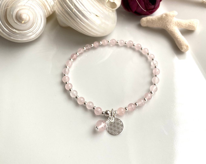 Mini mala made of rose quartz decorated with silver, final bead rose quartz and pendant with the flower of life, bracelet, prayer beads