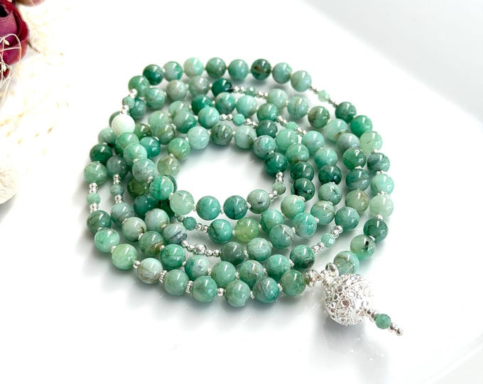 Valuable emerald mala (7 mm) with 925 silver, yoga jewelry with 108 beads, mala necklace for Zen seekers