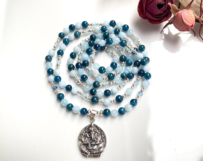 Mala necklace made of aquamarine and apatite blue, with silver pendant Lord Ganesha (925), yoga jewelry, gift for jewelry enthusiasts