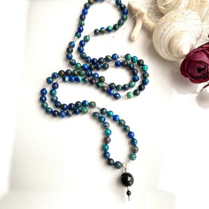 Mala made of azurite malachite, decorated with silver sterling 925, final bead black tourmaline, prayer chain made of 108 rare beads image 6