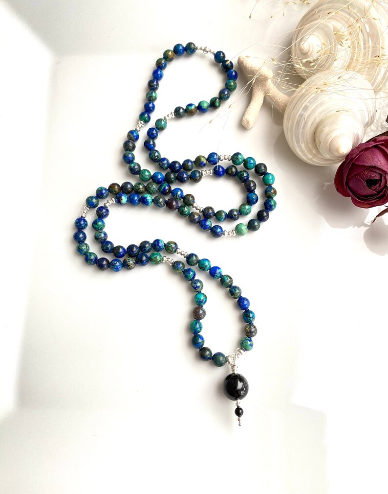 Mala en azurite malachite, décoré d'argent sterling 925, perle finale en tourmaline noire, chaîne de prière composée de 108 perles rares image 6