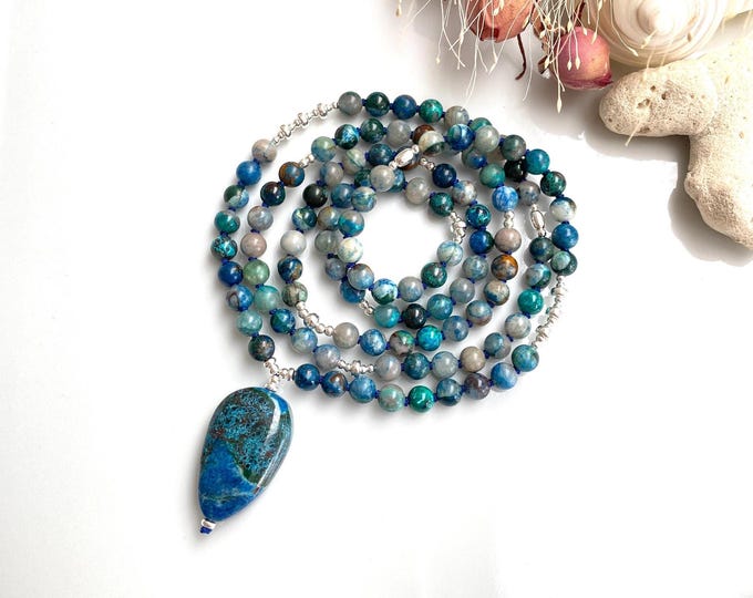Shattuckite mala, decorated with silver, Shattuckite pendant, rare prayer beads with 108 beads, yoga jewelry, for Zen seekers, unisex