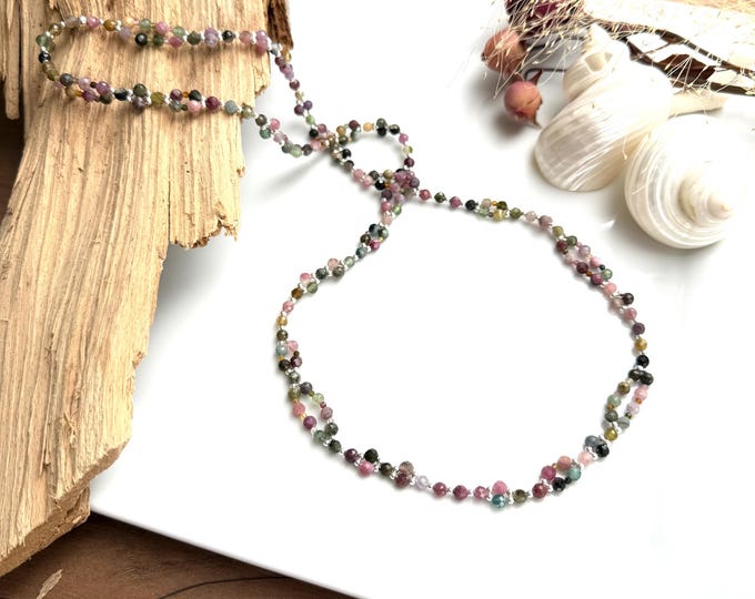 Tantric Mala necklace made of colorful tourmaline and sterling silver "Energy and good mood", tantric yoga necklace with 416 beads
