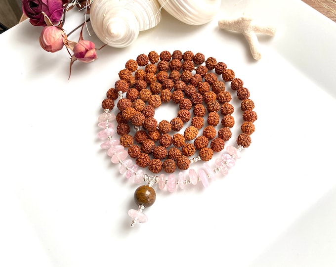 Rudraksha and morganite mala decorated with silver, tiger eye final bead, prayer beads