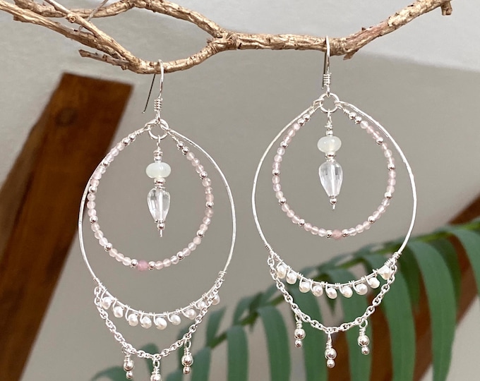 Chandelier earrings made of moonstone, rose quartz, pearls and sterling silver, hoop earrings, gift for women and jewelry enthusiasts