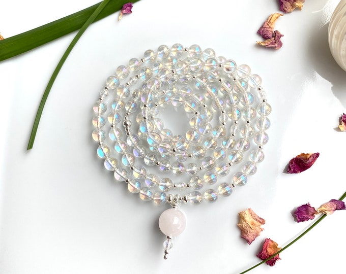 Mala made of Angelaura, decorated with silver, end bead made of rose quartz; long, elegant, colorful shimmering necklace, yoga jewelry