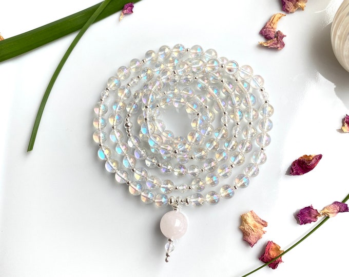 Mala made of Angelaura, decorated with silver, final pearl made of rose quartz; long, elegant, colorful shimmering necklace