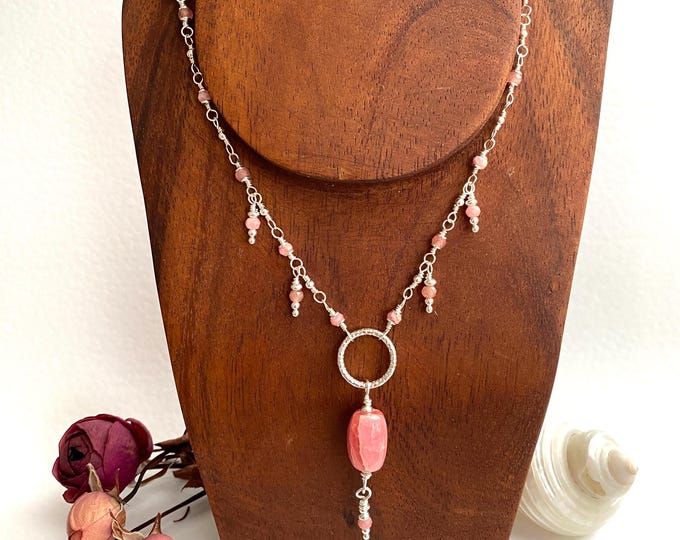Amulet necklace made of rhodochrosite and sterling silver, pendulum necklace with handmade chain, statement jewelry
