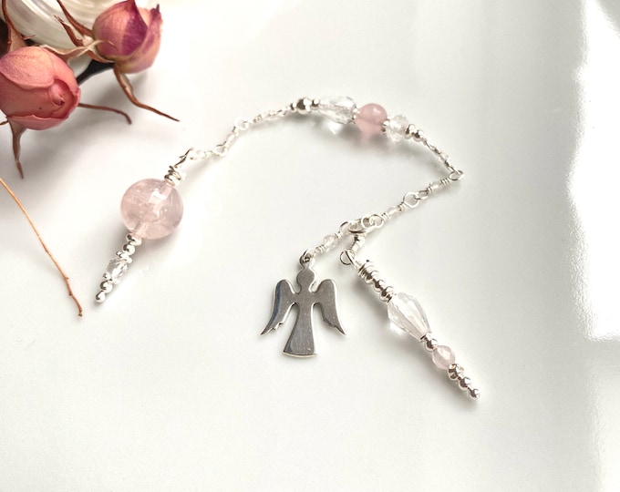 Angel - pendulum made of rose quartz, rock crystal and silver sterling, dowsing