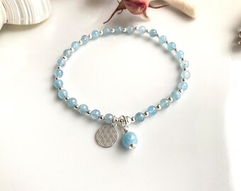 Mini mala made of aquamarine decorated with silver, final bead aquamarine and pendant with the flower of life, bracelet, prayer beads