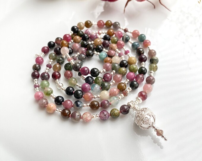 Long mala made of colorful tourmaline, decorated with silver sterling, final bead made of silver sterling, prayer beads “lust for life and activity”