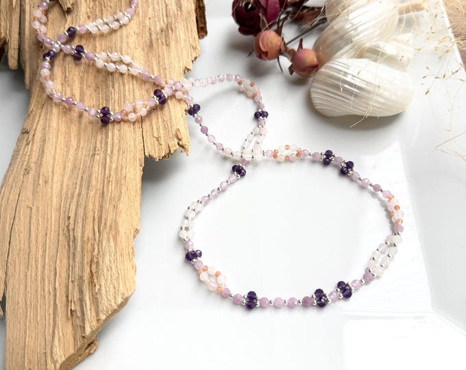 Tantric Mala necklace made of kunzite, rose quartz, amethyst, sunstone and sterling silver, tantric yoga necklace with 416 beads