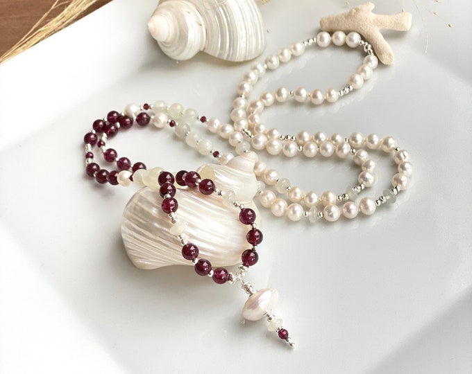 Noble mala made of garnet, white moonstone and freshwater pearls, decorated with silver, final element freshwater pearl, special prayer beads