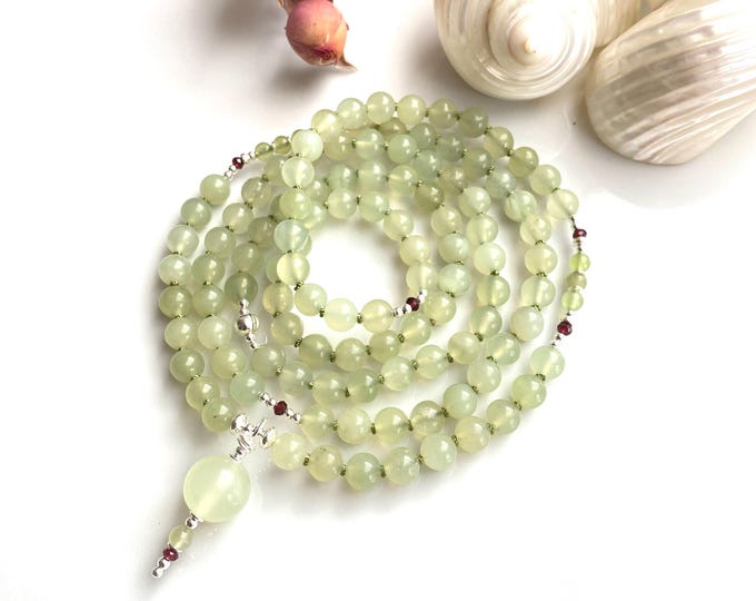 Serpentine mala necklace, decorated with silver and garnet, prayer beads “Balance and Relaxation”, 108 beads