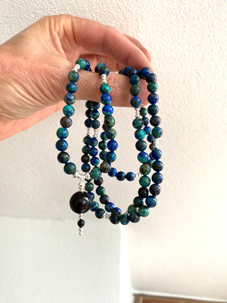 Mala made of azurite malachite, decorated with silver sterling 925, final bead black tourmaline, prayer chain made of 108 rare beads image 10