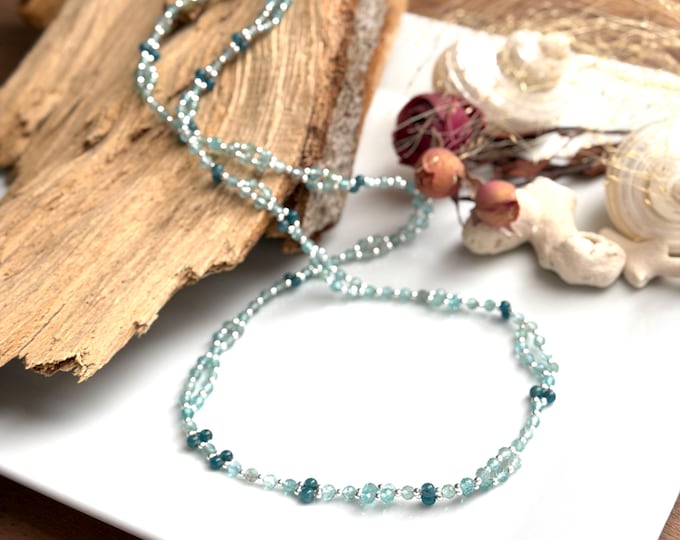 Tantric Mala necklace made of light blue and blue apatite and sterling silver, "Stability and lightness", tantric yoga necklace with 416 beads