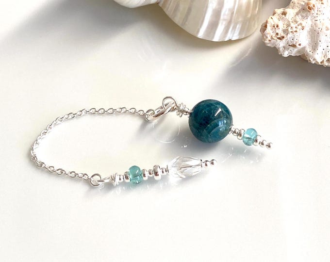 Small pendulum made of blue apatite, rock crystal and sterling silver, handmade, radiesthesia, gift for psychics and crystal collectors