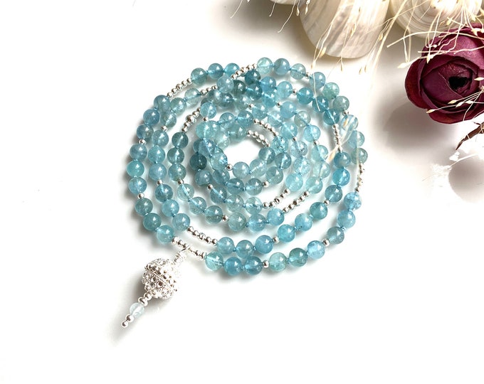 Mala made of aquamarine (A), decorated with silver, final bead silver sterling, prayer beads, long necklace