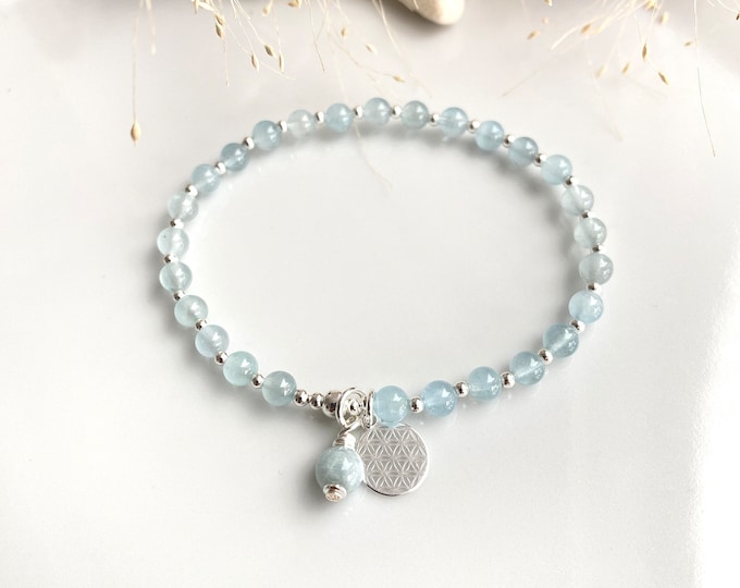 Mini Mala made of aquamarine decorated with silver and pendant with the flower of life, bracelet, yoga jewelry, jewelry with chakra crystals