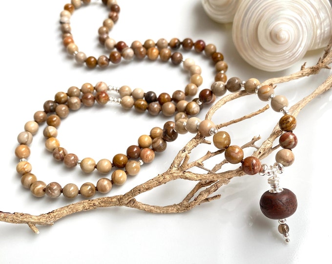 Mala made of petrified wood, decorated with silver (925), final element Bodhi pearl, prayer beads made of 108 pearls for men and women