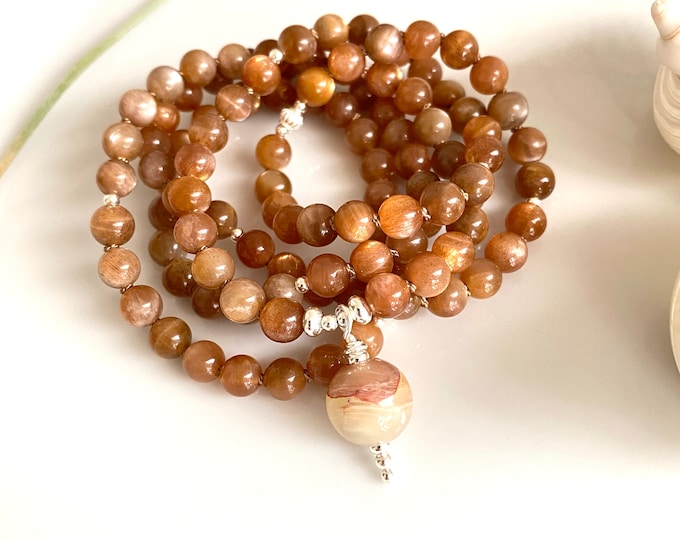 Mala made of sunstone (A), decorated with silver, final pearl onyx marble, prayer chain for women and men