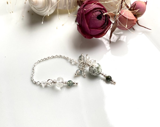 Mini pendulum made of tree agate, moss agate, seraphinite, rock crystal and sterling silver, radiesthesia