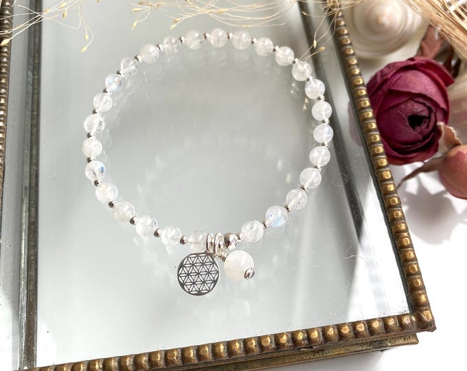 Mini Mala made of white labradorite (A) decorated with silver and the flower of life - pendant, bracelet, prayer beads, yoga jewelry
