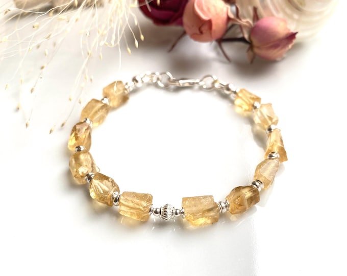 Bracelet made of raw citrine and sterling silver 925, handmade from yellow stones