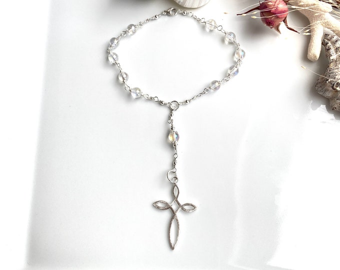 Mini rosary made of angel aura and silver with infinity cross, car driver rosary, handmade, gift