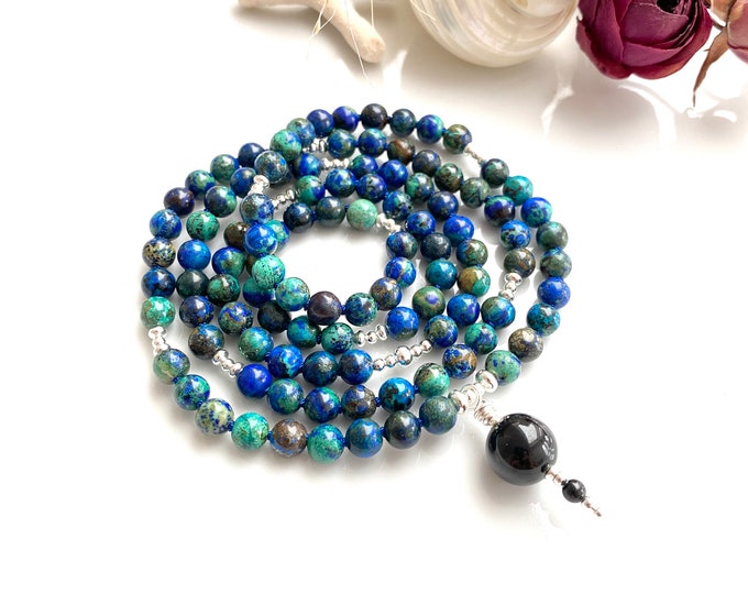 Mala made of azurite-malachite, decorated with silver sterling (925), final pearl black tourmaline, prayer beads made of 108 rare pearls
