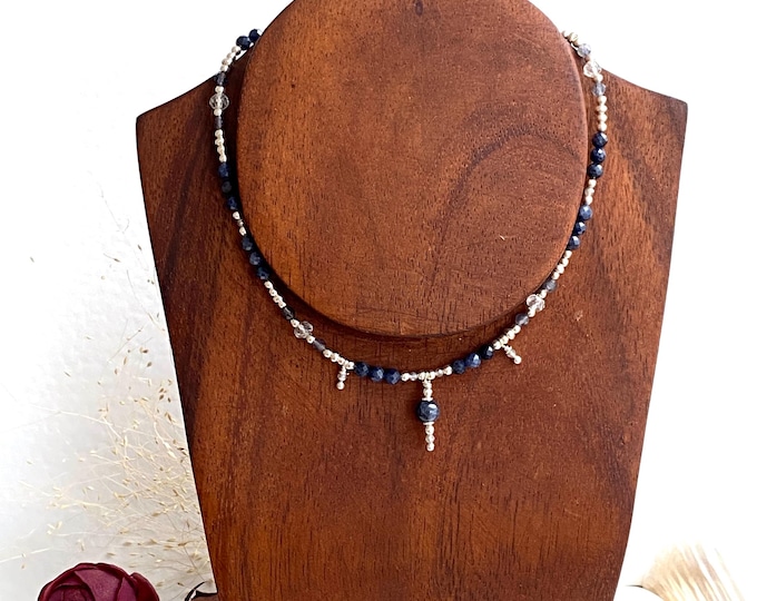 short necklace made of sapphire blue, topaz white, iolite, labradorite and silver sterling (925) and charms made of silver (925), gift for women