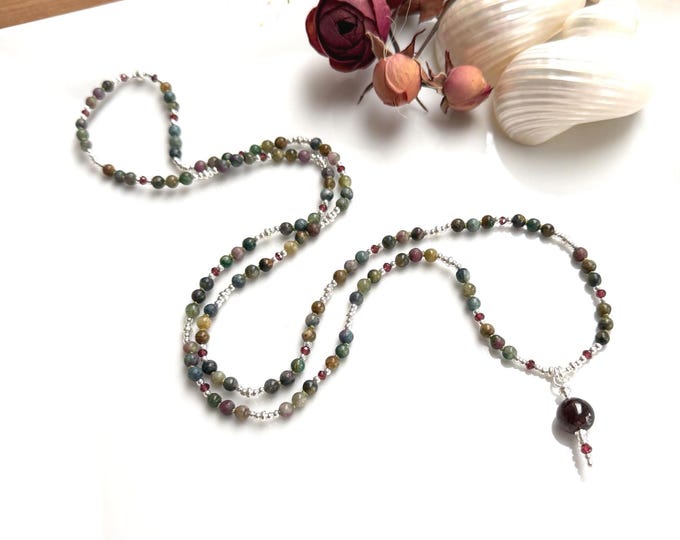 Delicate ruby-kydite mala necklace, adorned with silver and purple garnet, garnet end bead, yoga jewelry made from rare stones