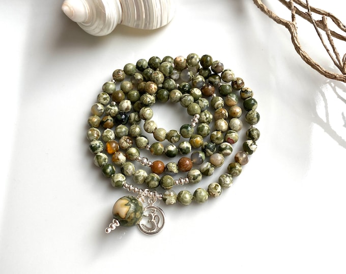 Mala from rainforest - rhyolite, decorated with silver, final pearl rainforest - rhyolite and "OM"