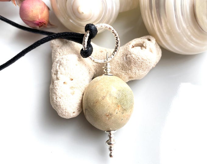 Large amulet stone pendant, agate with sterling silver and cotton cord, pendulum necklace, yoga jewelry
